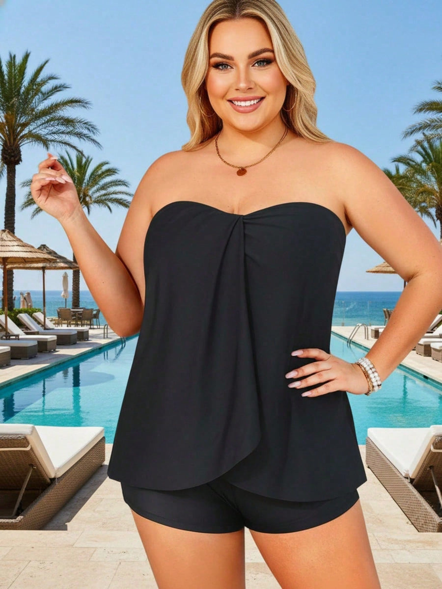 Elegant Bandeau Tankini for Plus Size - Black Flowy Peplum Top