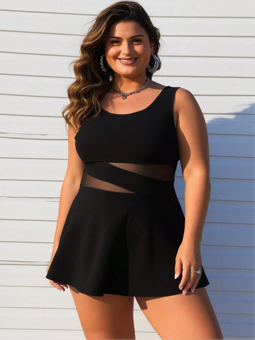 Women's Plus Size Swimdress: Black with Sheer Mesh Cutout Waist and Flared Skirt