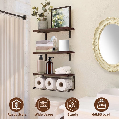 2 in 1 Floating Shelves Wall Mounted with Storage Basket Bathroom Shelves Over Toilet Wooden Shelves